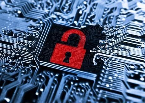 Open red lock on a silicon chip. 