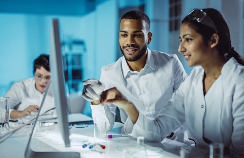 Two biomedical engineers at work in a laboratory using a computer.