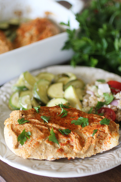 Hummus Baked Chicken and Veggies Dashing Dish