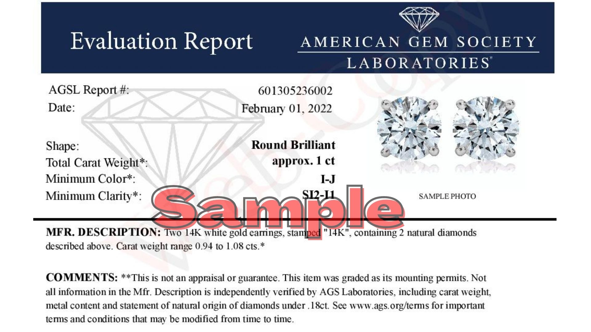 AGS Certified 14K White Gold 1.0 Ct Round Diamond Stud Earrings View 3