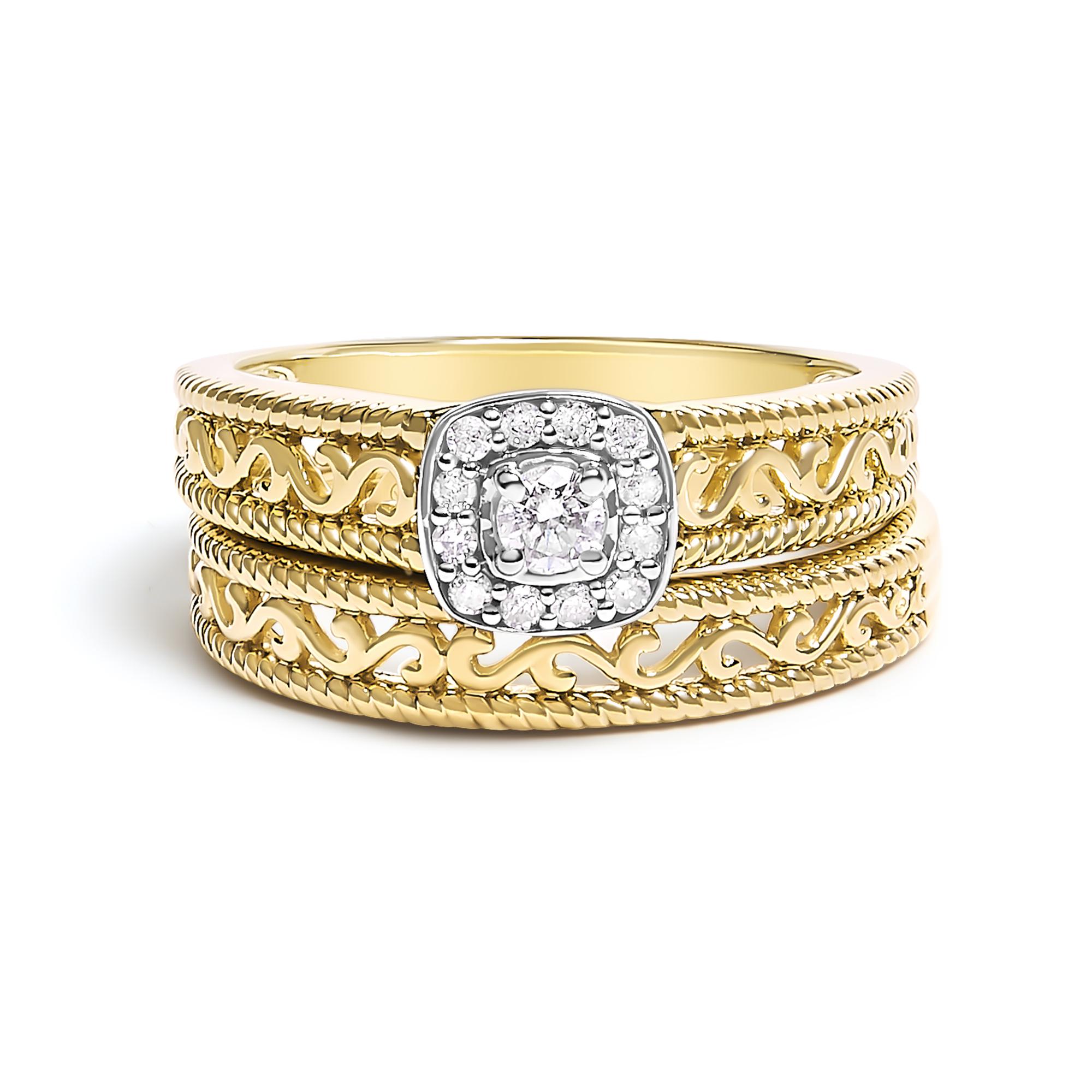 14K Yellow Gold over Silver 1/5 Cttw Diamond Halo Engagement Ring Bridal Set