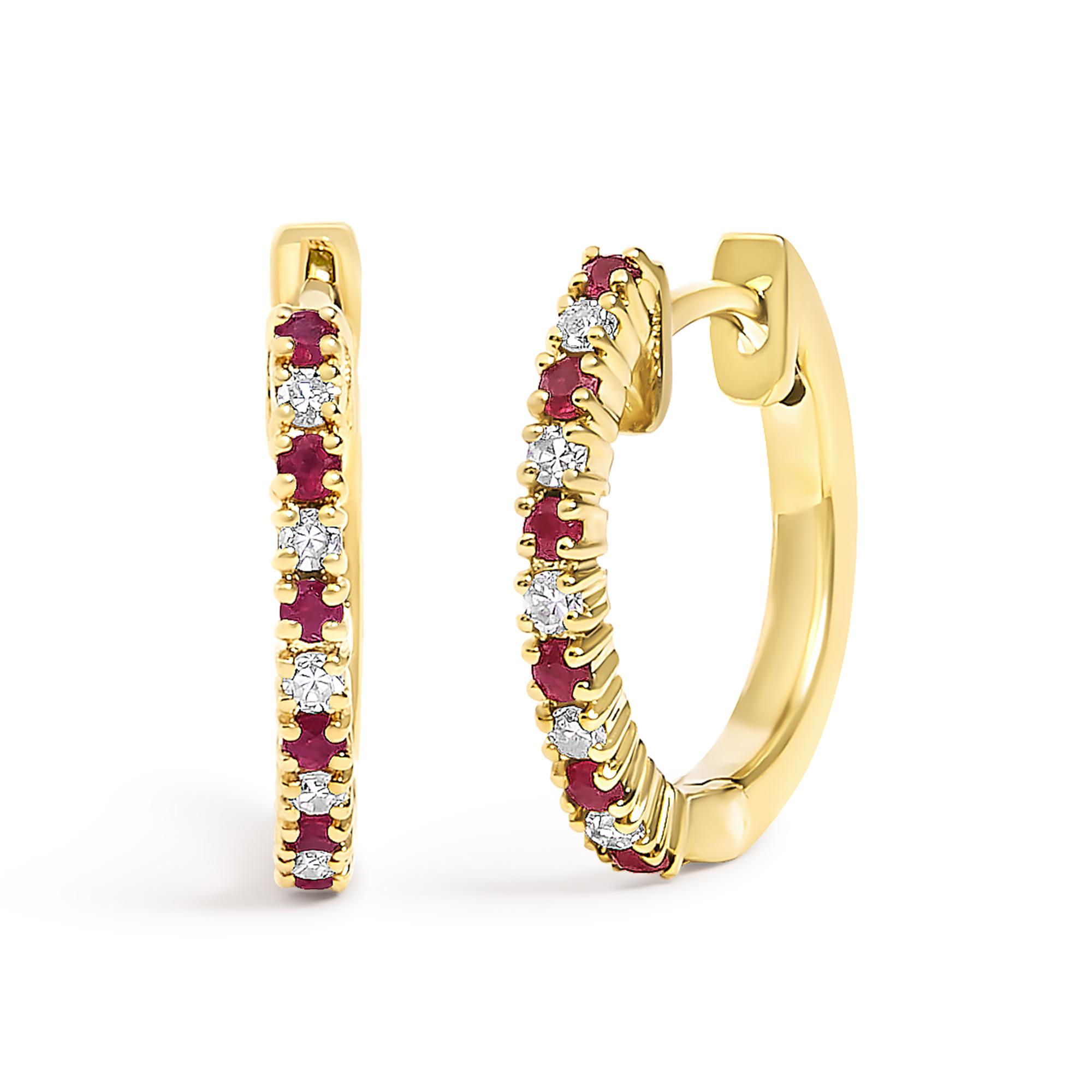 10K Gold Alternating Diamond and Red Ruby Huggy Hoop Earrings for Women