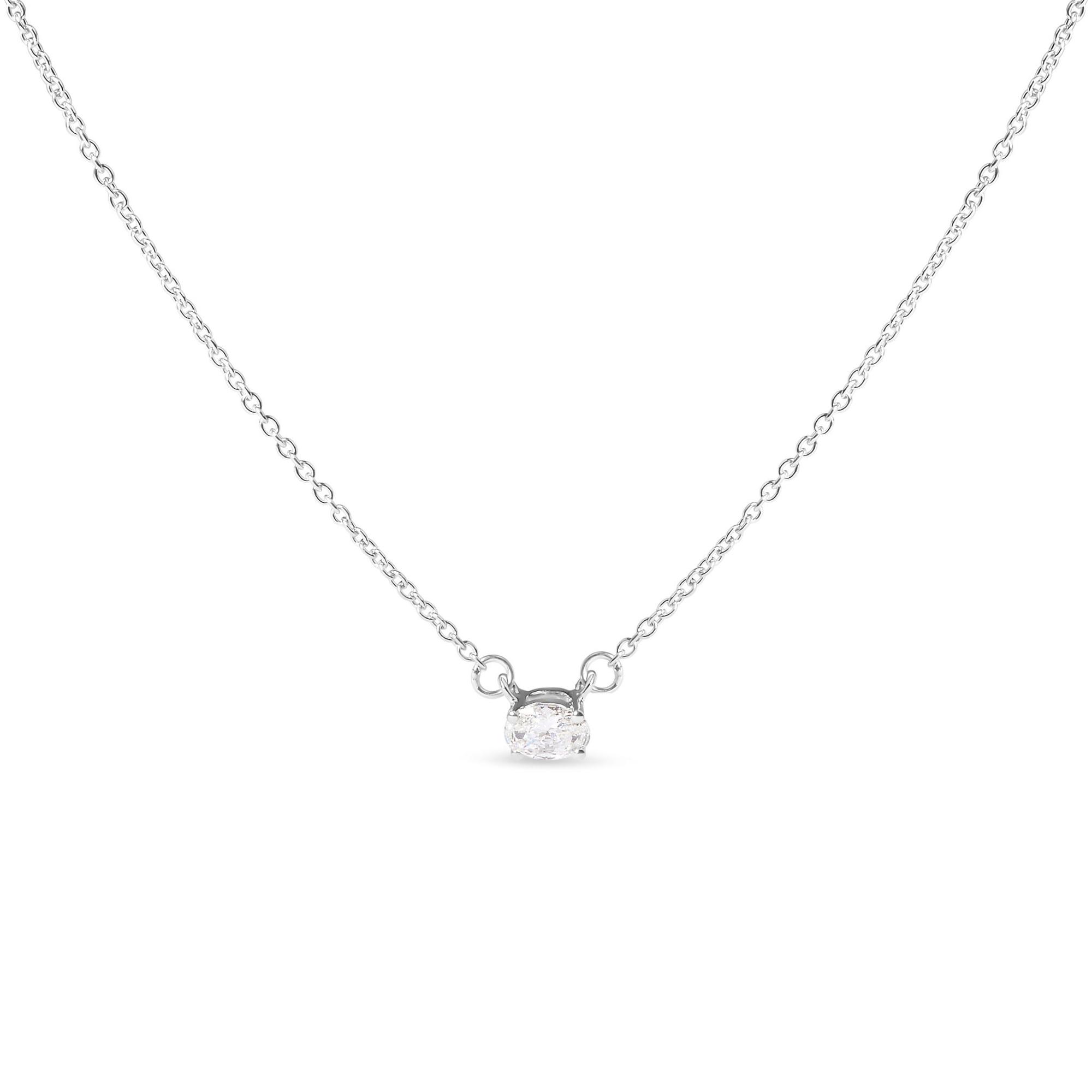 "14K White Gold 1/4 Ctw Lab Grown Oval Solitaire Diamond East West 18\" Pendant"