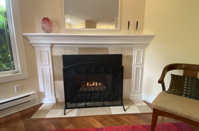 Living Room with gas fireplace, Smart TV and view of the garden