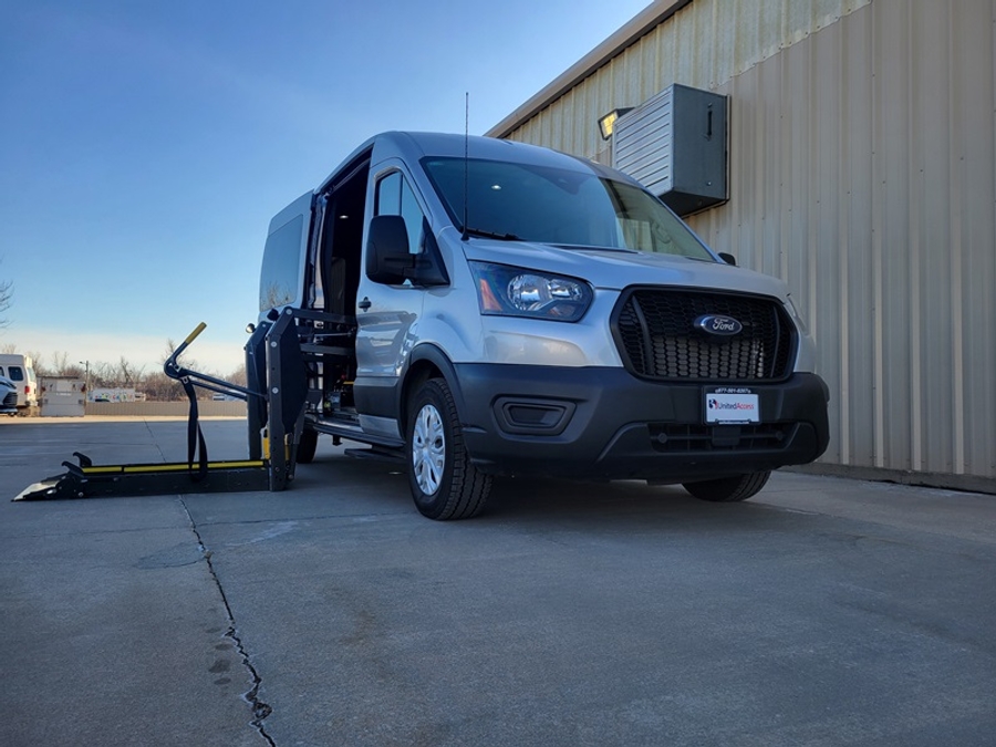 Used 2023 Ford Transit 150 2WD, MID ROOF, 148WB, SIDE SHIFT AND STEP CENTURY, FP CONS BENCH - SUNSET VANS Commercial Side Entry Entry Lift Automatic Ramp