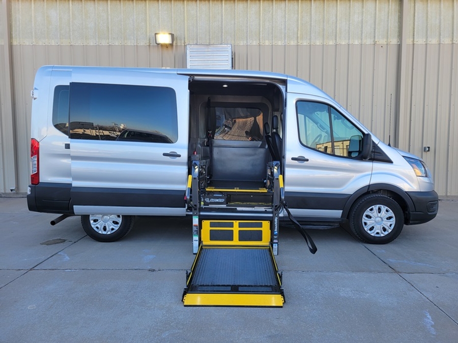 Used 2023 Ford Transit 150 2WD, MID ROOF, 148WB, SIDE SHIFT AND STEP CENTURY, FP CONS BENCH - SUNSET VANS Commercial Side Entry Entry Lift Automatic Ramp