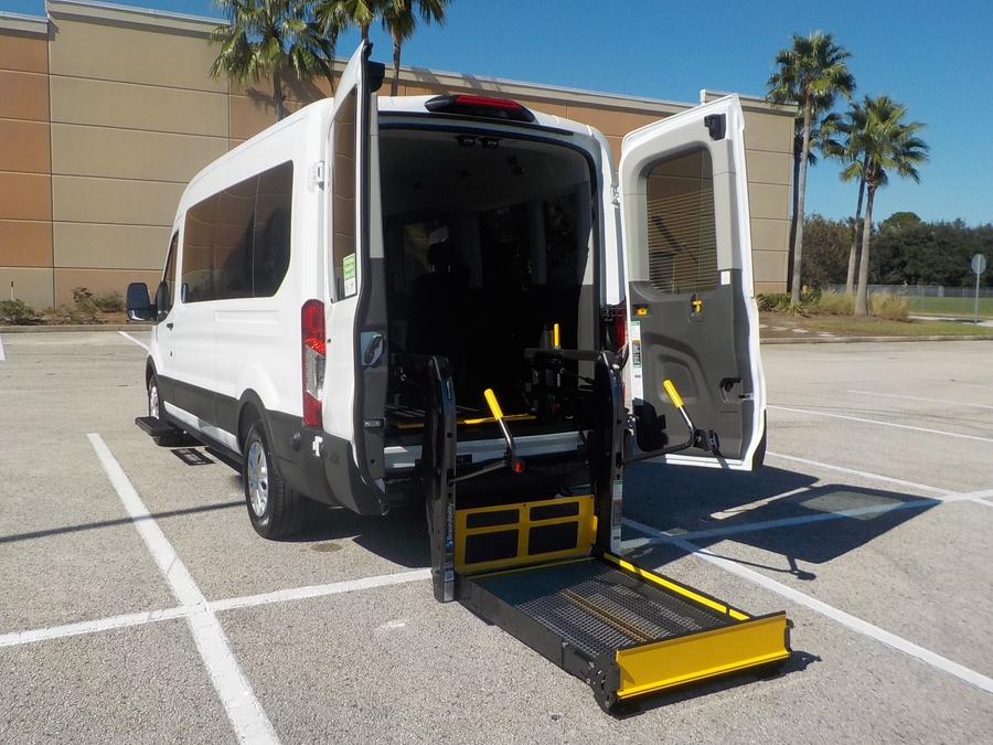 White Ford T350 with Rear Entry Automatic Fold Out ramp