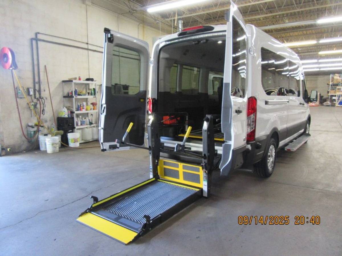 White Ford T350 with Rear Entry Automatic Fold Out ramp