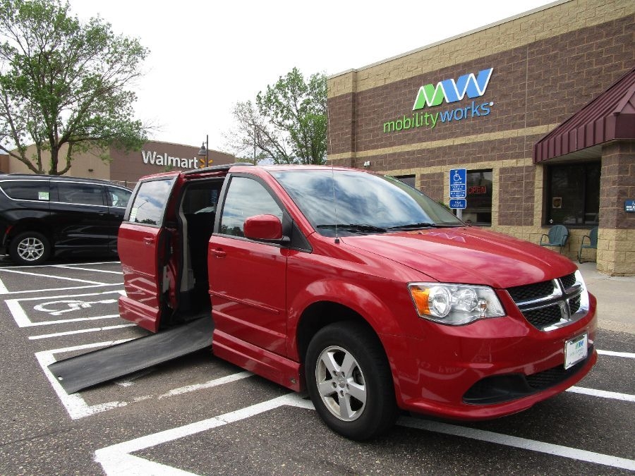 Red Dodge Grand Caravan with Side Entry Automatic In Floor ramp
