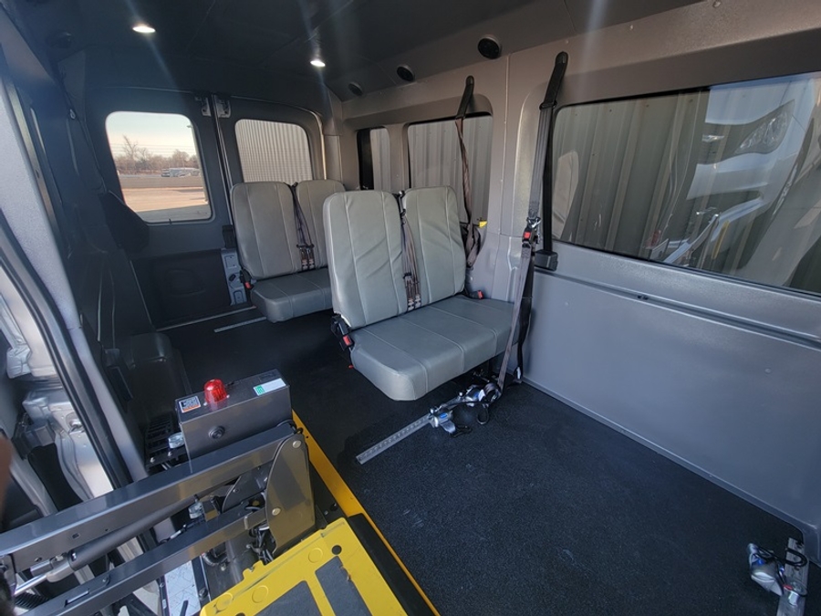 Used 2023 Ford Transit 150 2WD, MID ROOF, 148WB, SIDE SHIFT AND STEP CENTURY, FP CONS BENCH - SUNSET VANS Commercial Side Entry Entry Lift Automatic Ramp