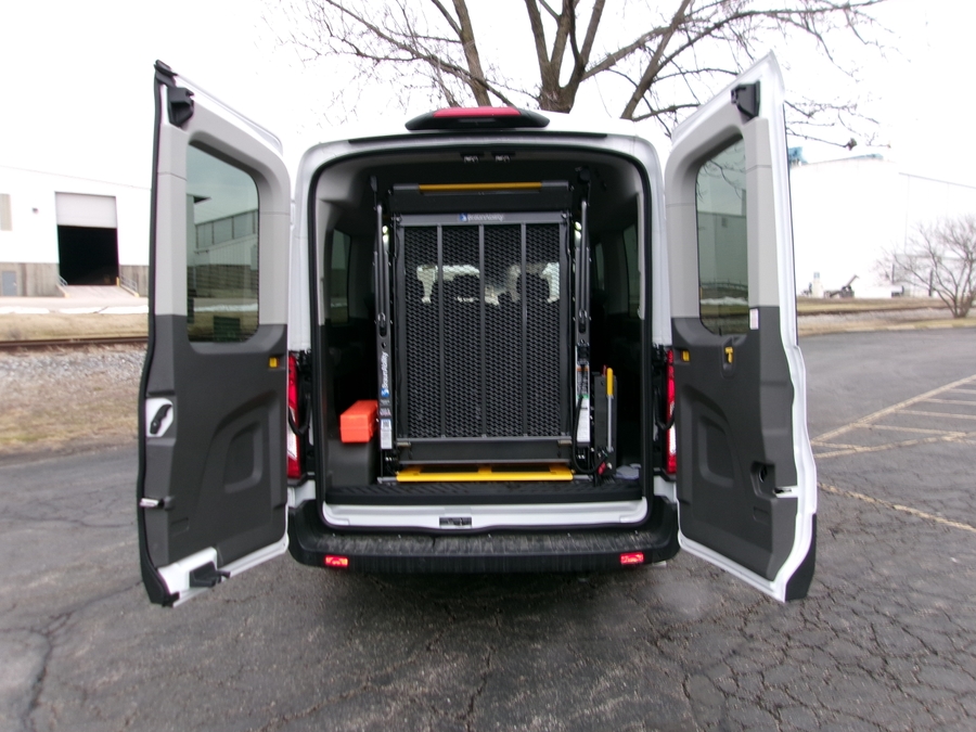 White Ford T350 with Rear Entry Automatic Fold Out ramp