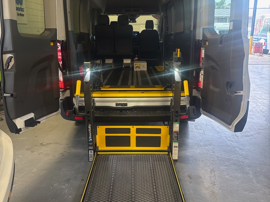 White Ford T350 with Rear Entry Automatic Fold Out ramp