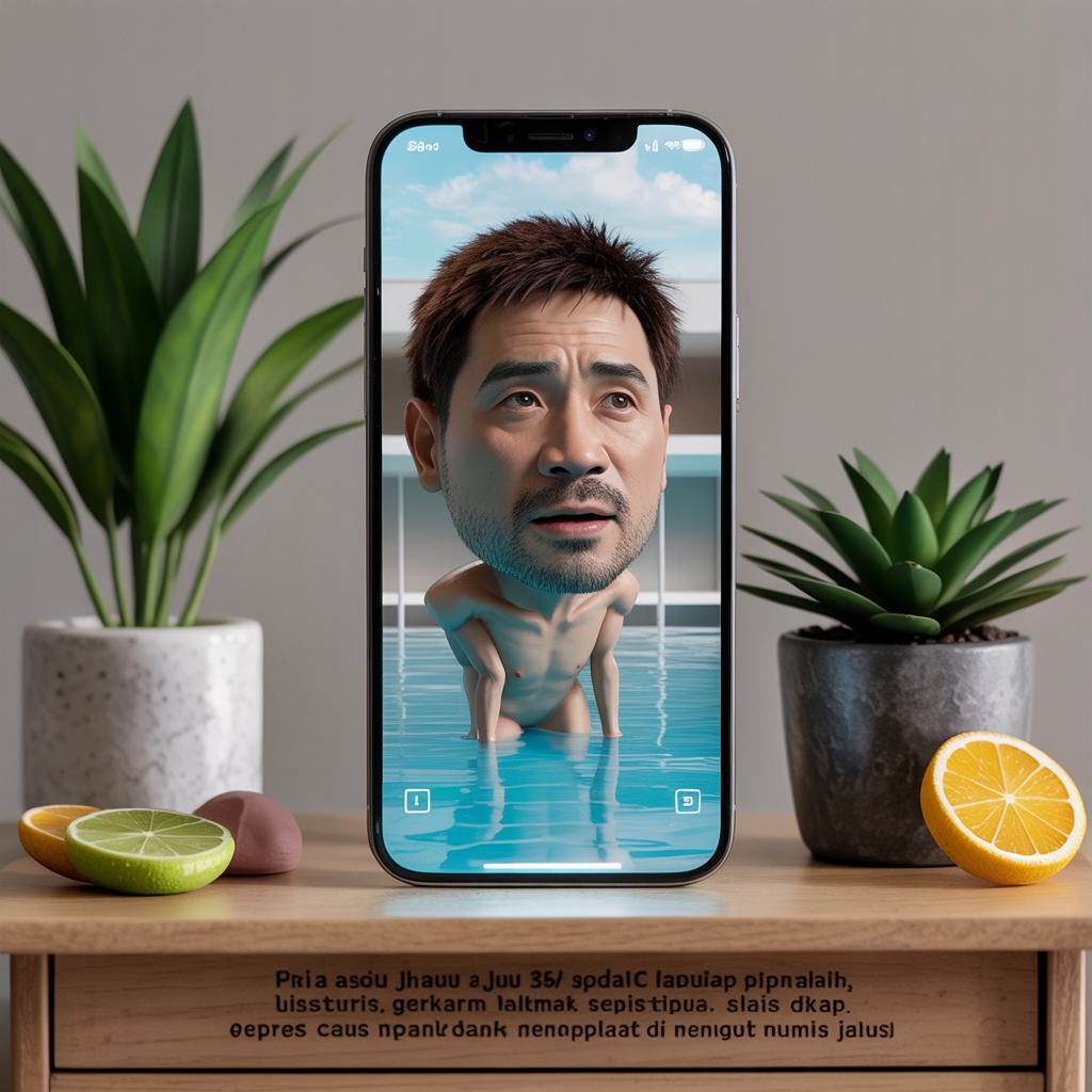 Ultra-realistic diorama style, karakter Om Jul (pria Asia Tenggara usia 30-35 tahun, wajah bulat, kulit sawo matang, alis tebal hitam, mata sipit-coklat gelap, ekspresi tenang, hidung sedang, bibir penuh, rambut hitam pendek, janggut tipis dan kumis halus) berdiri di pinggiran layar smartphone dengan pose seperti siap melompat kembali ke dalam layar. Layar smartphone menampilkan efek kolam renang berair biru jernih, dengan refleksi cahaya realistis dan percikan air kecil di tepi layar. Smartphone diletakkan di meja kayu minimalis dengan tekstur nyata, di belakangnya ada monitor komputer besar menampilkan “AI with OM JUL”. Pencahayaan studio soft light, 8K ultra detail, depth of field sinematik, tekstur kulit dan air super realistis, tidak ada elemen kartun atau ilustrasi, hasil seperti foto profesional.