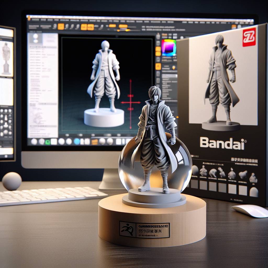Using the model, create a 1/7 scale commercialized figurine of the characters in the picture, in a realistic style, in a real environment. The figurine is placed on a computer desk. The figurine has a round transparent acrylic base, with no text on the base. The content on the computer screen is the Zbrush modeling process of this figurine. Next to the computer screen is a BANDAI-style toy packaging box printed with the original artwork. The packaging features two-dimensional flat illustrations.