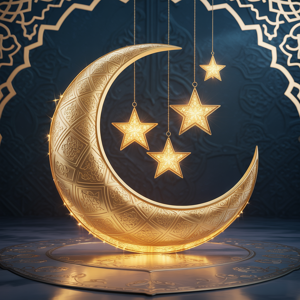 A luminous golden crescent moon, textured with exquisite Islamic arabesque patterns, stands as the captivating focal point against a dark, velvety midnight blue sky. Glowing golden star ornaments dangle gently from above, perfectly complemented by an array of ethereal golden geometric motifs subtly embossed into the background. The lighting is dramatic and cinematic, with a brilliant golden light radiating from the moon and stars, casting soft, long shadows and creating a peaceful, mystical atmosphere, presented as a high-resolution cinematic digital illustration.