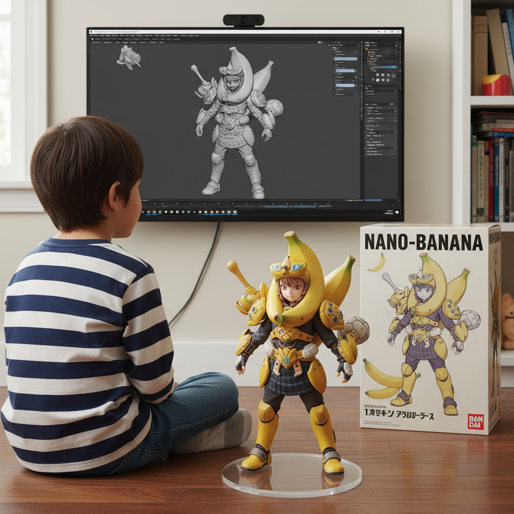Use the nano-banana model to create a 1/7 scale commercialized figure in the illustration, in a realistic style and environment. Place the figure standing on the floor next to the child in the provided photo, using a circular transparent acrylic base without any text. On the wall behind them, insert a computer screen that displays the ZBrush modeling process of the figure. Next to the screen, add a BANDAI-style toy packaging box printed with the original artwork, integrated naturally into the scene.