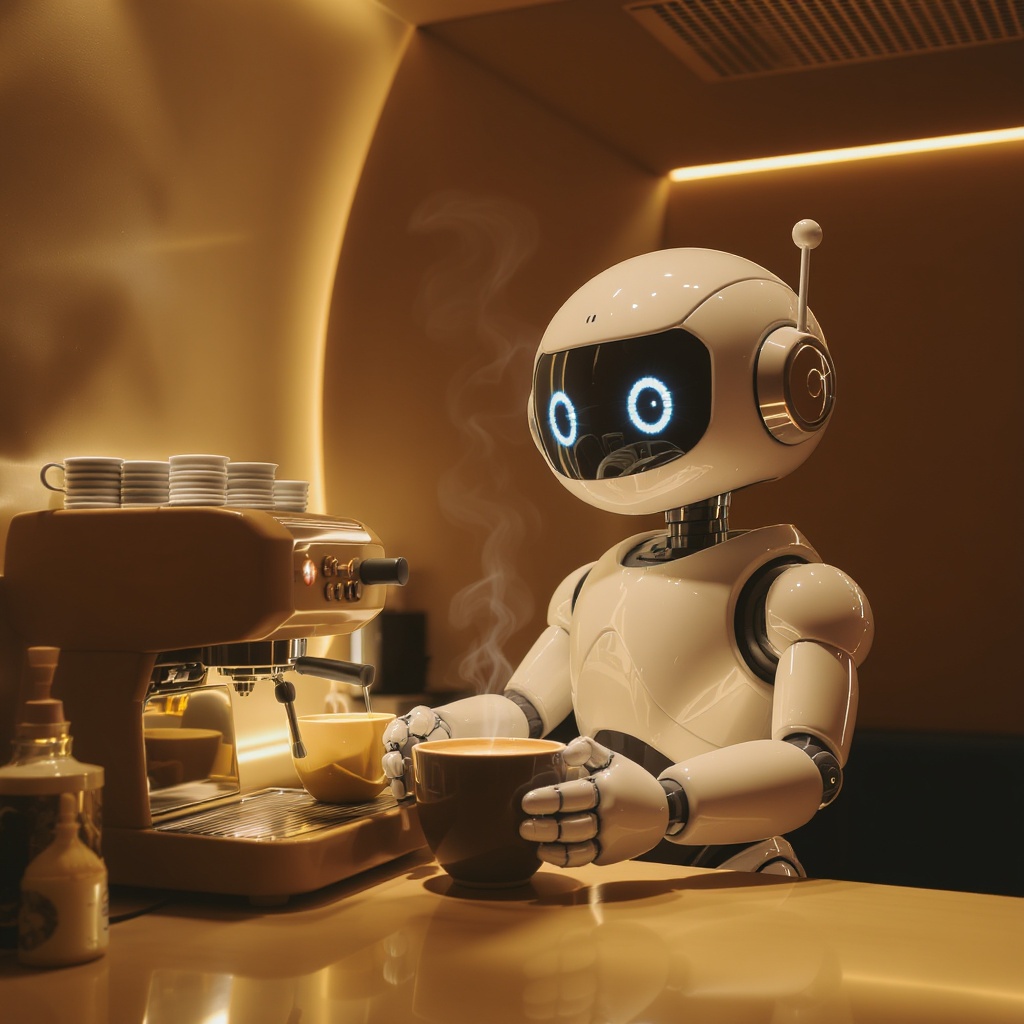 A cute white robot serving coffee in a futuristic minimalist cafe, cinematic lighting, warm tones