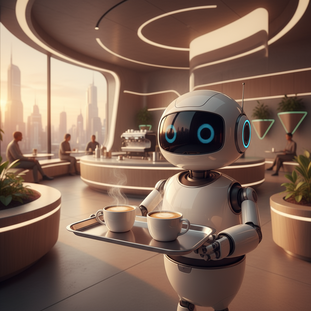A cute white robot serving coffee in a futuristic minimalist cafe, cinematic lighting, warm tones