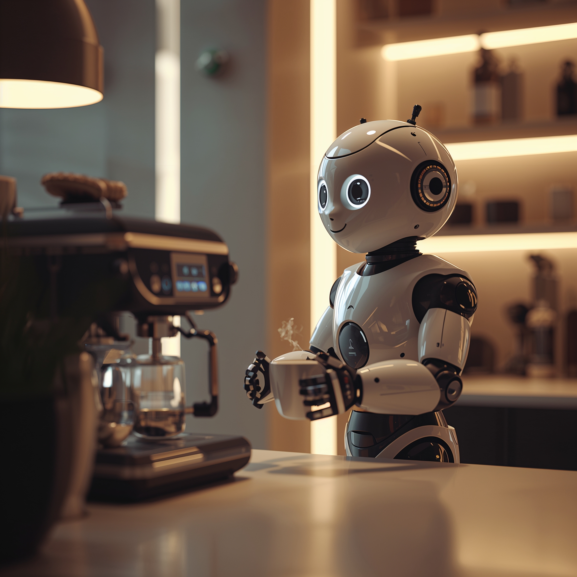A cute white robot serving coffee in a futuristic