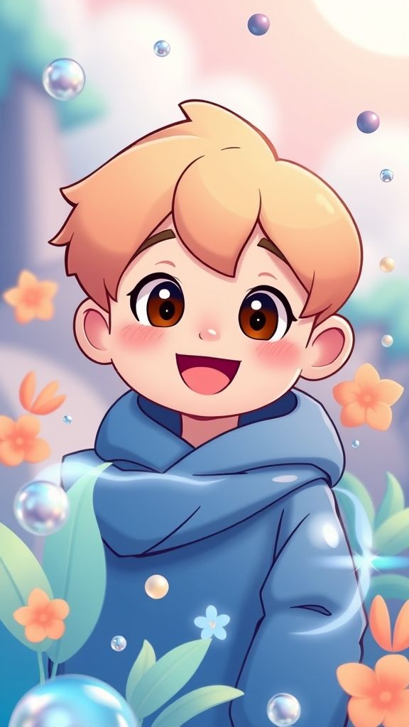 Create an portrait wallpaper with a liquid launcher cute cartoon theme. Modern and contemporary, any color, and a variety of variations. Include an attractive 3D element that won't bore users. Do not use the phone display on this wallpaper
