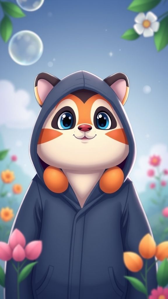 Create an portrait wallpaper with a liquid launcher cute animal cartoon theme. Modern and contemporary, any color, and a variety of variations. Include an attractive 3D element that won't bore users. Do not use the phone display on this wallpaper