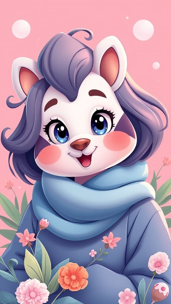 Create an portrait wallpaper with a liquid launcher cute animal cartoon theme. Modern and contemporary, any color, and a variety of variations. Include an attractive 3D element that won't bore users. Do not use the phone display on this wallpaper