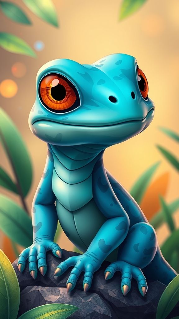 Create an portrait wallpaper with a liquid launcher cute animal reptile cartoon theme. Modern and contemporary, any color, and a variety of variations. Include an attractive 3D element that won't bore users. Do not use the phone display on this wallpaper
