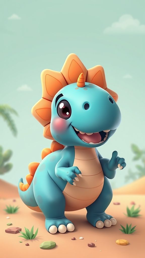 Create an portrait wallpaper with a liquid launcher cute dinosaur cartoon theme. Modern and contemporary, any color, and a variety of variations. Include an attractive 3D element that won't bore users. Do not use the phone display on this wallpaper