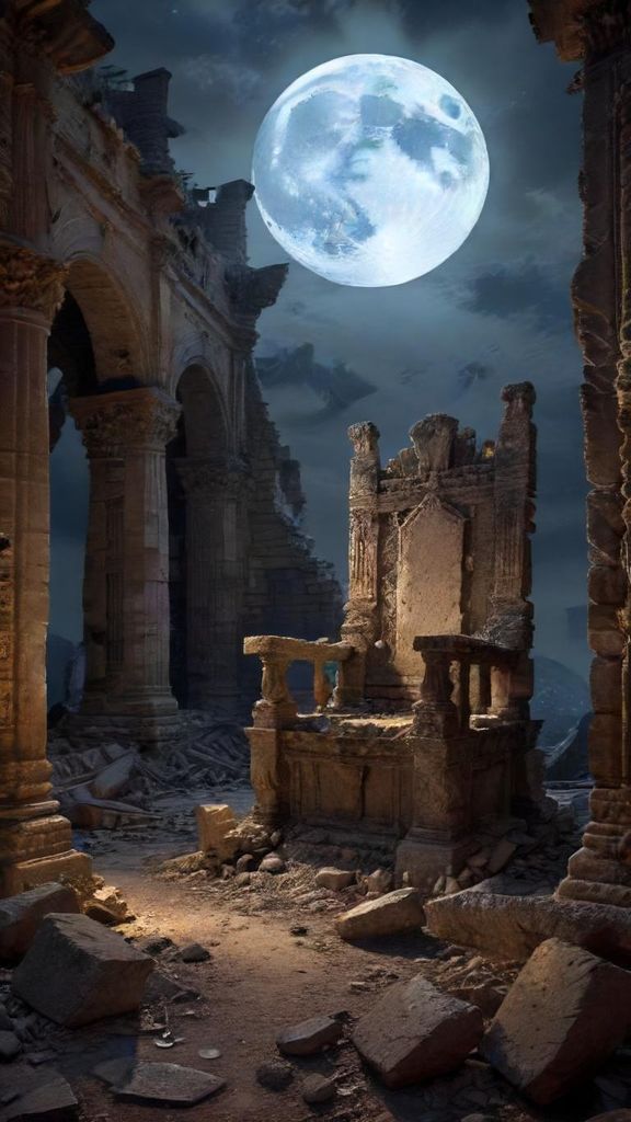 Crumbling ancient palace ruins, moonlight, empty throne in rubble.