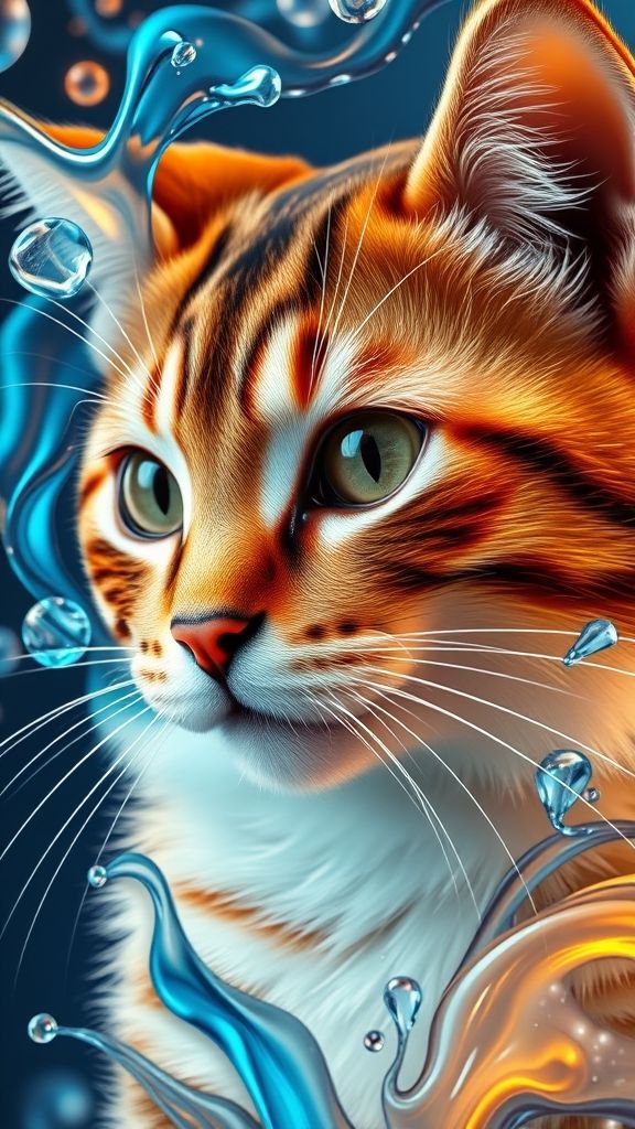 Create an portrait wallpaper with a liquid launcher cat animal theme. Modern and contemporary, any color, and a variety of variations. Include an attractive 3D element that won't bore users. Do not use the phone display on this wallpaper