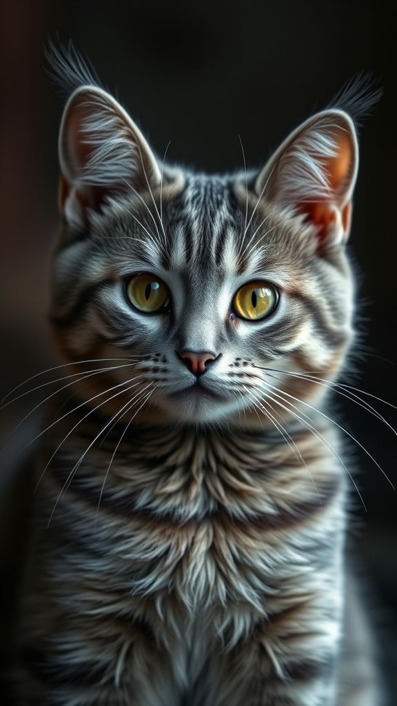 Create an portrait wallpaper with a liquid launcher grey cat animal theme. Modern and contemporary, any color, and a variety of variations. Include an attractive 3D element that won't bore users. Do not use the phone display on this wallpaper