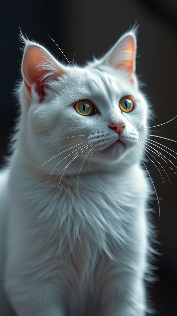 Create an portrait wallpaper with a liquid launcher white cat animal theme. Modern and contemporary, any color, and a variety of variations. Include an attractive 3D element that won't bore users. Do not use the phone display on this wallpaper