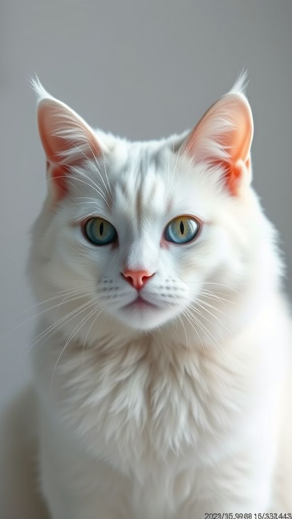 Create an portrait wallpaper with a liquid launcher white cat animal theme. Modern and contemporary, any color, and a variety of variations. Include an attractive 3D element that won't bore users. Do not use the phone display on this wallpaper