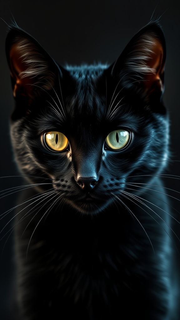 Create an portrait wallpaper with a liquid launcher black cat animal theme. Modern and contemporary, any color, and a variety of variations. Include an attractive 3D element that won't bore users. Do not use the phone display on this wallpaper