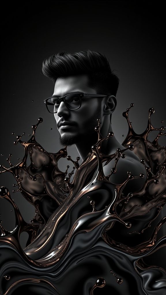 Create an portrait wallpaper with a liquid launcher black liquid theme. Modern and contemporary, any color, and a variety of variations. Include an attractive 3D element that won't bore users. Do not use the phone display on this wallpaper