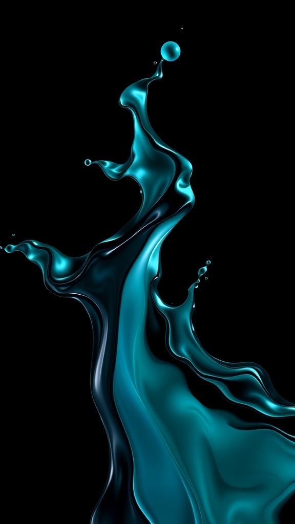 Create an portrait wallpaper with a liquid launcher black liquid theme. Modern and contemporary, any color, and a variety of variations. Include an attractive 3D element that won't bore users. Do not use the phone display on this wallpaper