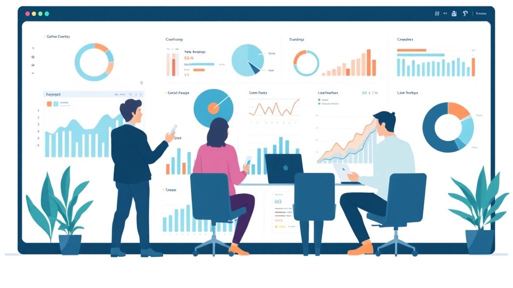 analytics and monitoring concept, business team on web reporting dashboard monitoring, and data analytics research for business financial planning. flat vector illustration design on white background