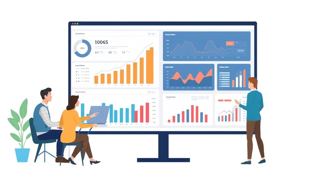 analytics and monitoring concept, business team on web reporting dashboard monitoring, and data analytics research for business financial planning. flat vector illustration design on white background