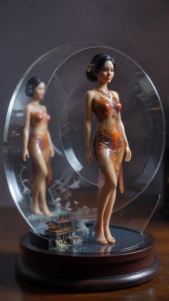 Create multiple 1/7 scale miniature figures young beautiful indonesian woman in early twenties, in a realistic cinematic style.
Place the miniatures together on a computer desk, each standing on a circular transparent acrylic base without any text.
On the computer screen, show the ZBrush modeling process of the same character. Next to the screen, include a BANDAI-style toy packaging box printed with the figures.