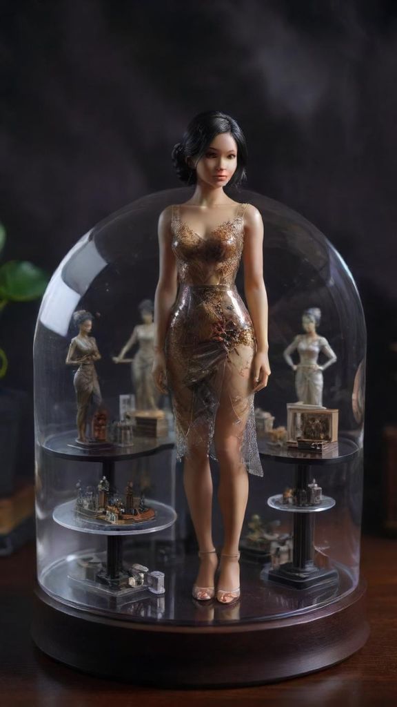 Create multiple 1/7 scale miniature figures young beautiful indonesian woman in early twenties, in a realistic cinematic style.
Place the miniatures together on a computer desk, each standing on a circular transparent acrylic base without any text.
On the computer screen, show the ZBrush modeling process of the same character. Next to the screen, include a BANDAI-style toy packaging box printed with the figures.