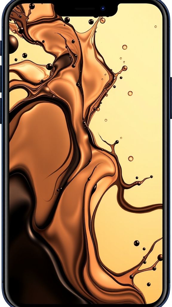 Create an portrait wallpaper with a liquid launcher black liquid theme. Modern and contemporary, any color, and a variety of variations. Include an attractive 3D element that won't bore users. Do not use the phone display on this wallpaper