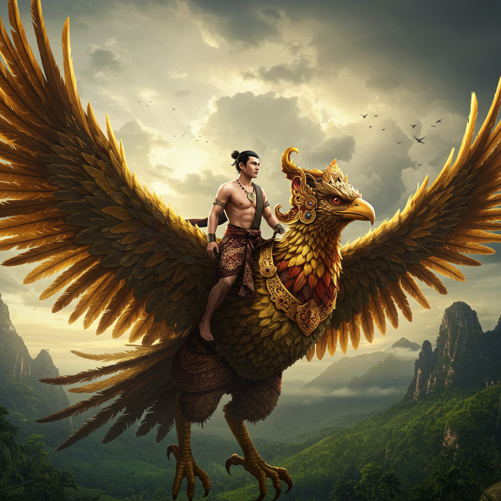 Cinematic hyperrealistic low-angle shot of a handsome young man with black hair tied in a bun, wearing a sleeveless black outfit with golden lace, bare chest, brown batik sarong, and royal jewelry, riding a colossal Garuda with radiant golden feathers and royal ornaments. The Garuda soars above green hills and towering mountain ranges, seen from below to emphasize its immense scale and majesty. Dramatic lighting with golden rays breaking through the clouds, feathers glowing with intricate detail, the atmosphere epic and mythical, heroic composition with a sense of divine power. Ukuran 16:9