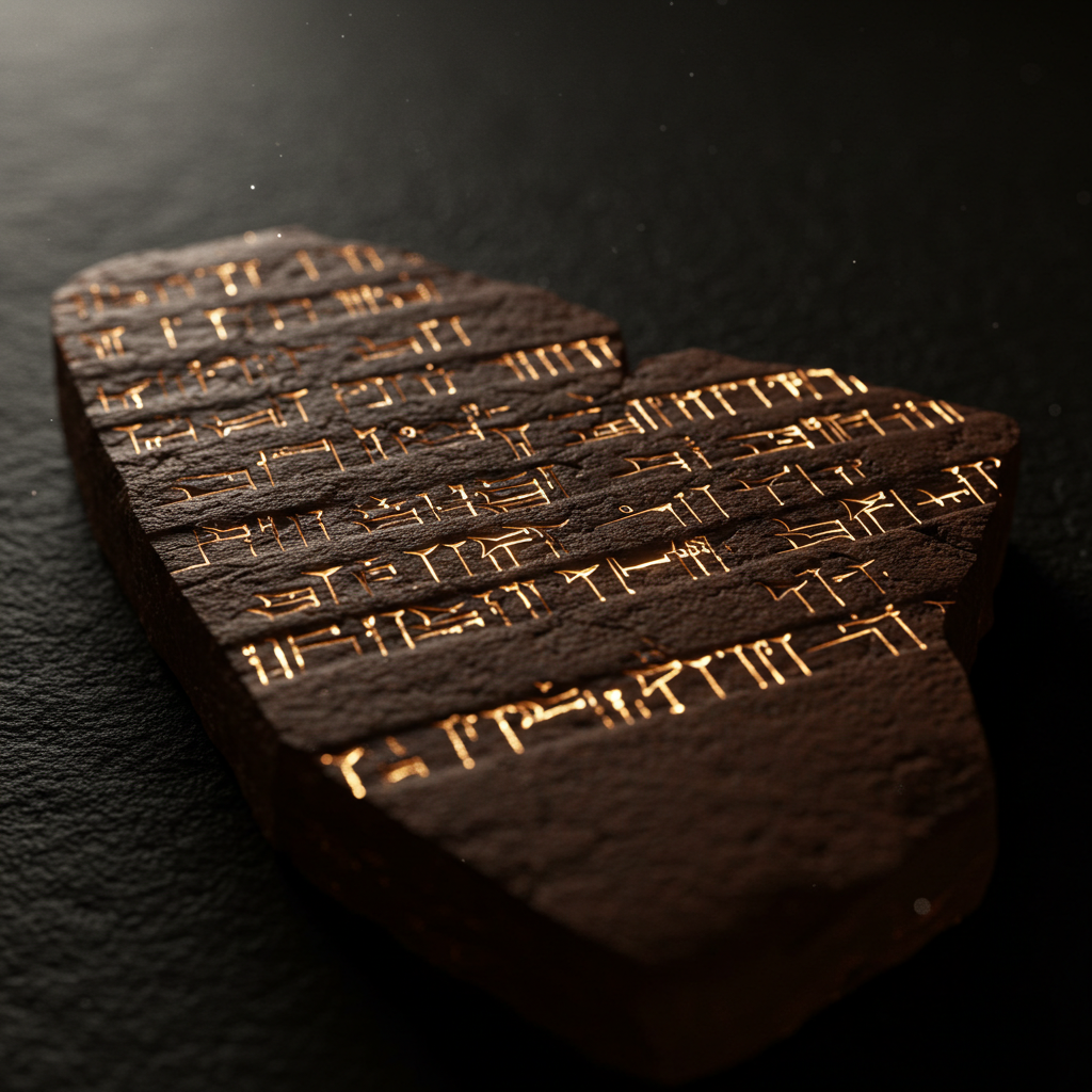 Close-up of broken Sumerian clay tablet, cuneiform writing glowing faintly, mystical aura.
