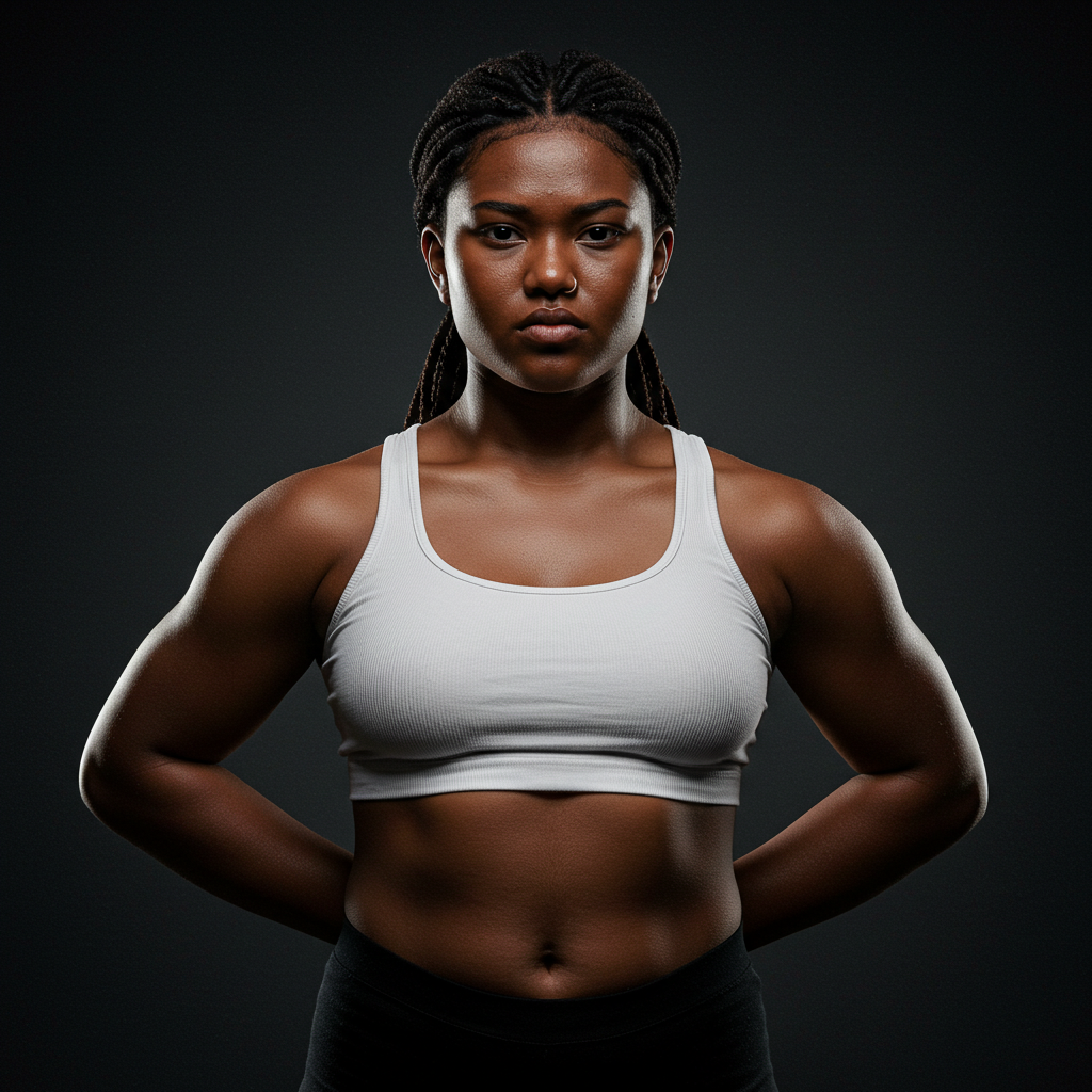 "Full-body portrait of a 20-year-old Indonesian woman with powerful, easily recognizable features. She has a solid, muscular build, an oval face, and deep dark skin. Her nose is large and sharp, lips full, with a strong gaze and assertive body language. She stands confidently, exuding strength and presence. Captured under professional studio lighting in 8K ultra-detailed, ultra-realistic quality with ray tracing, emphasizing her bold expression and firm posture."