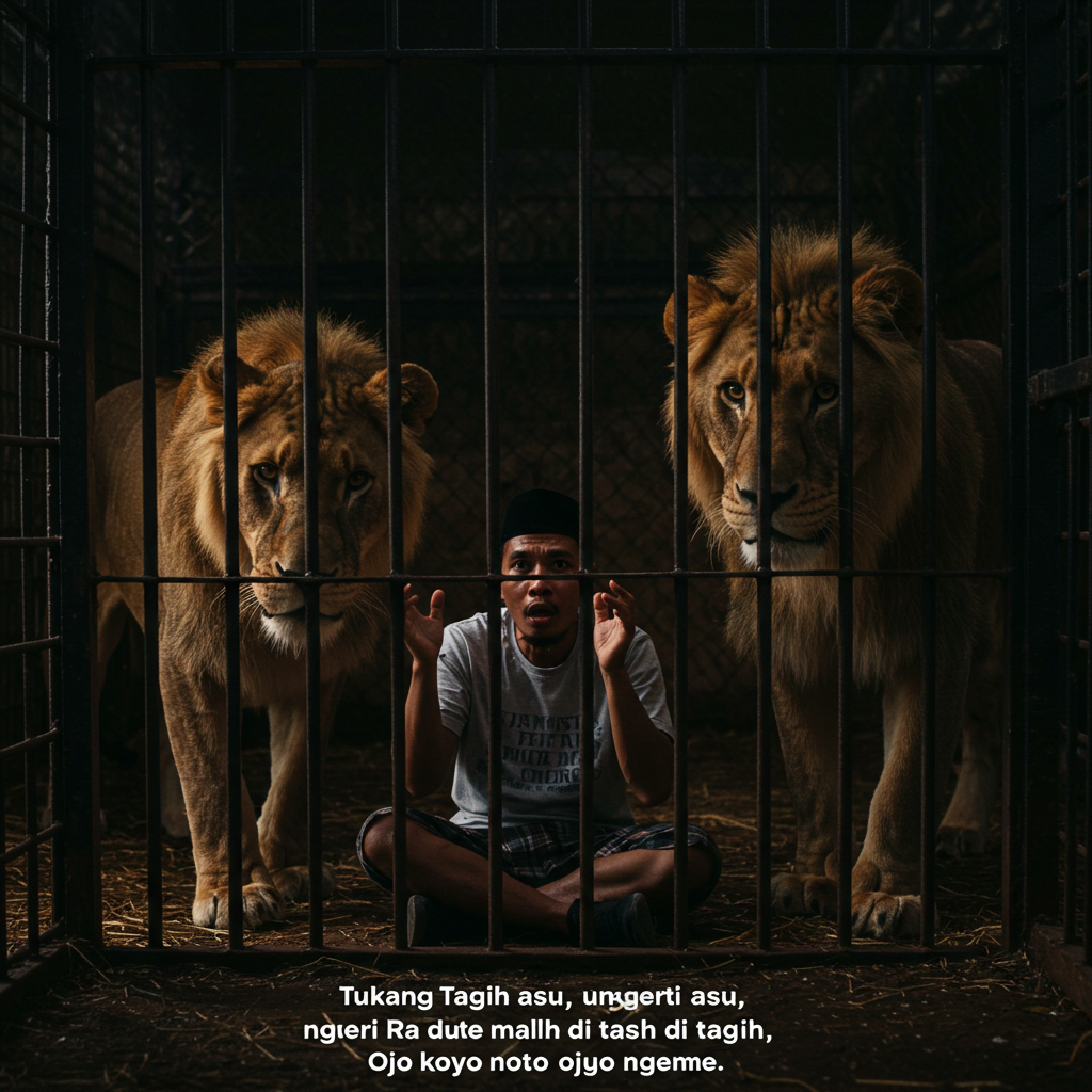 Prompt: An Indonesia man sitting terrified in a corner of dark and dirty lion cage, the man surrounded by two approaching lions, soft side light from out of the bars, cinematic LUT, dimly light. the man says "Tukang Tagih asu, ngerti Ra ndue duit malah di tagih, ojo koyo ngene" ( in javanese accents ) with his lips trembling.