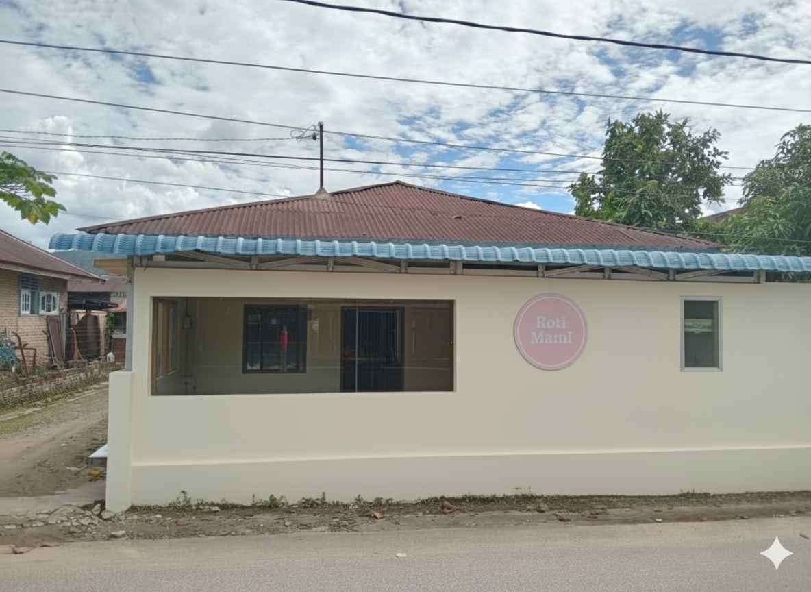 Kreasi AI: Buatkan foto dengan menggunakan gambar di upload. Dimana etalase yang lebar ubah tinggi menjadi setengah tembok. Etalase yang kecil hapus menjadi tembok dengan warna yang sama