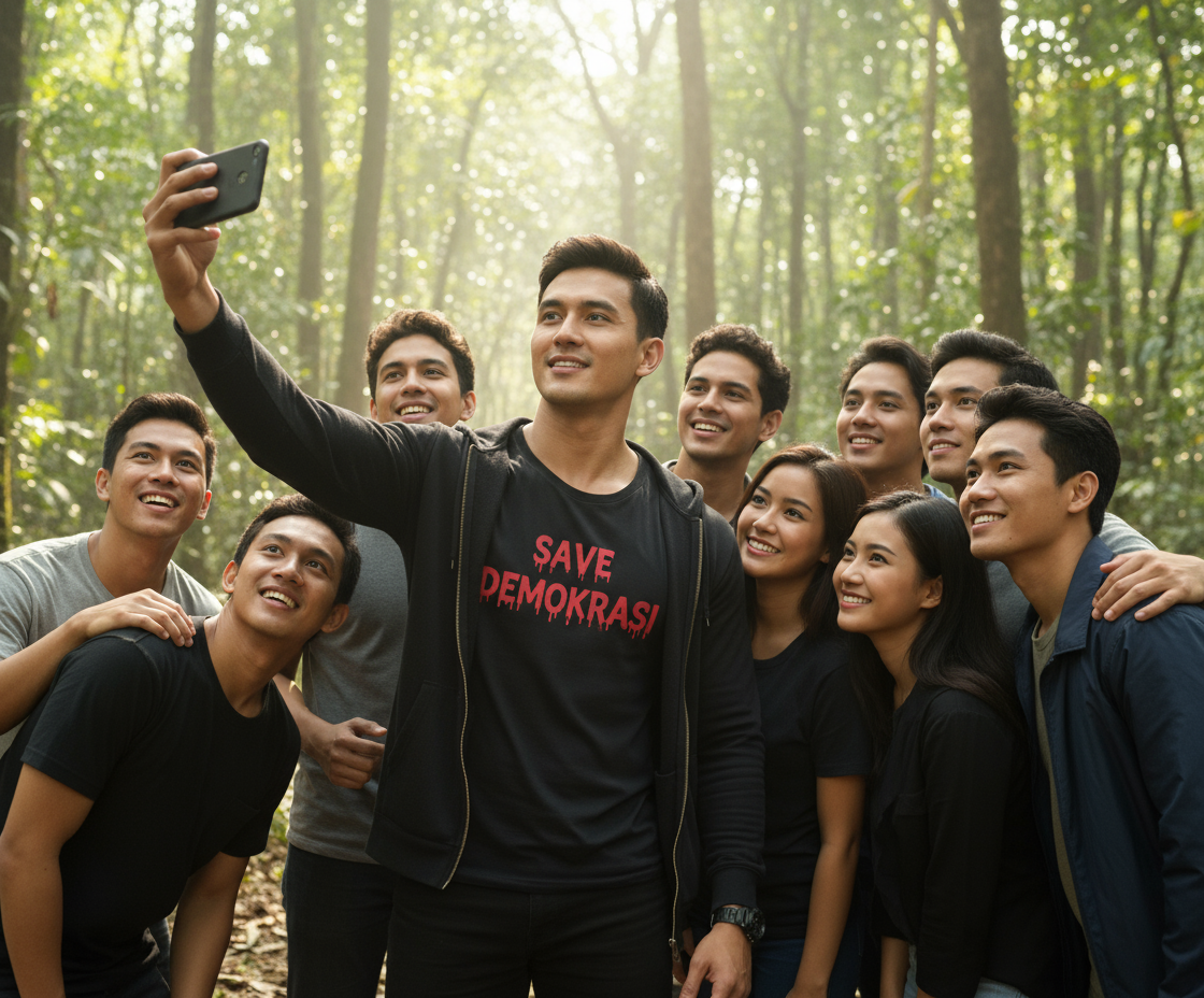 Kreasi AI: Hapus semua background pada foto 1 tersisa seorang pria berusia 30 tahun. Foto selfie kelompok fotorealistik menampilkan pria muda yang ada di foto 1 dengan tubuh atletis memakai jaket Hoodie berwarna hitam tidak terkancing dan berkoas hitam dengan tulisan SAVE DEMOKRASI berwarna merah dengan bentuk tulisan seperti darah yang menetes, memegang sebuah ponsel pintar untuk mengambil foto. Di sekelilingnya dari foto-foto lainnya��yang semuanya tersenyum dan berpose santai seperti teman. Selfie ini memiliki suasana yang menyenangkan dan ceria, dengan semua orang berdekatan dalam bingkai, beberapa karakter bersandar Dengan main-main. Siang hari yang cerah suasana seperti di dalam hutan dengan cahaya matahari menembus dedaunan, kualitas sinematik, warna alami, detail tinggi.