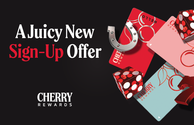 Cherry Rewards promotional graphic featuring dice, Cherry Rewards cards, and brand colors on a black background with the headline “A Juicy New Sign-Up Offer.”