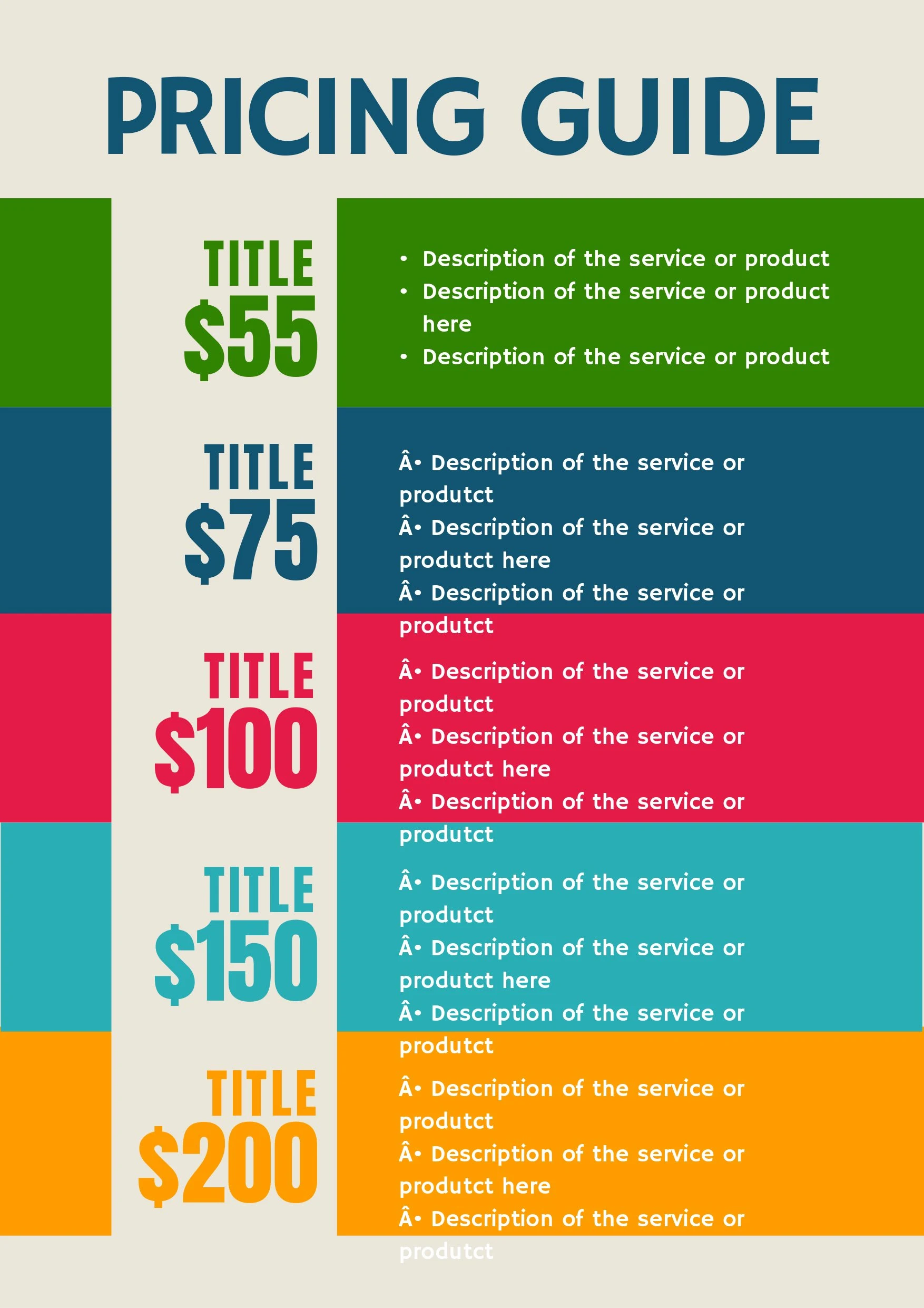 Price Lists & Menus Price List A4