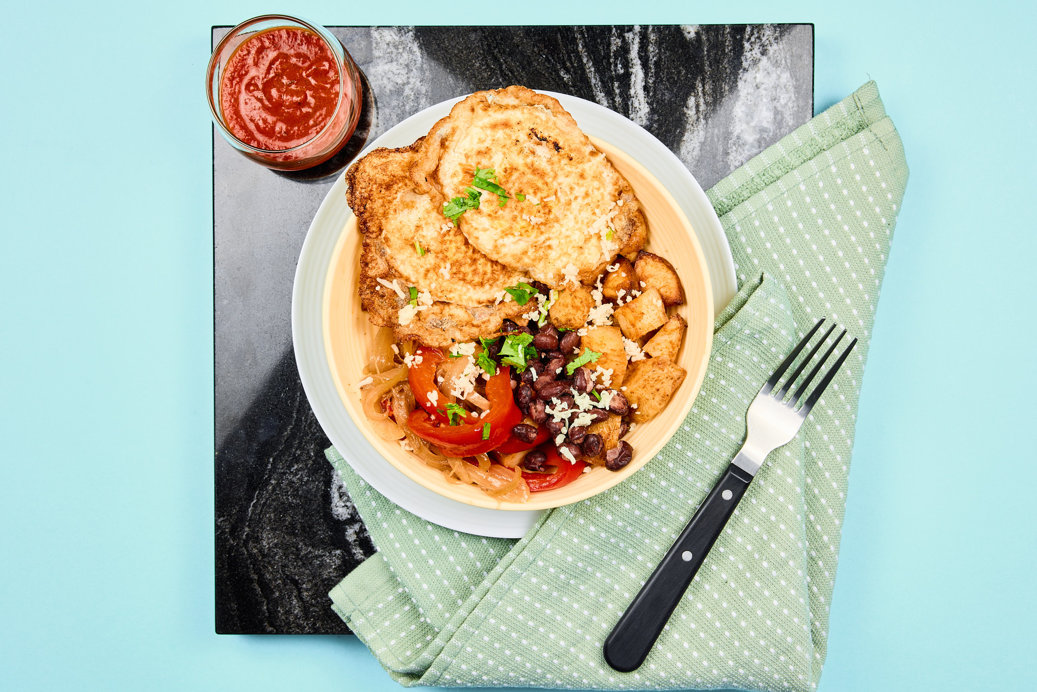 Vegetarian Huevos Rancheros Hash with Spicy Marinara